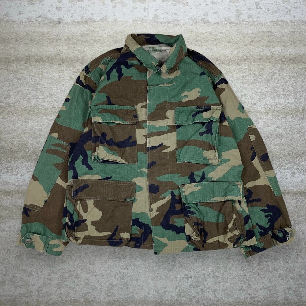 Vintage 90s Woodland Button Up Shirt Mens S Military Camo Cotton Long Sleeve